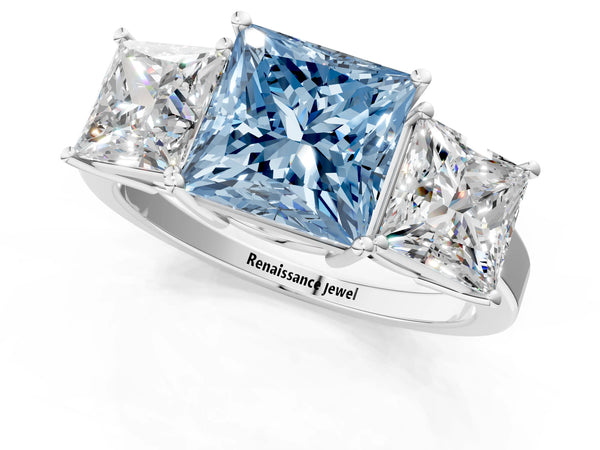 Platinum Three-Stone Fancy Blue Princess Cut Cut Diamond Engagement Ring with Flat Band and Four-Prong Setting