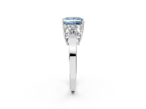 Platinum Three-Stone Fancy Blue Princess Cut Cut Diamond Engagement Ring with Flat Band and Four-Prong Setting