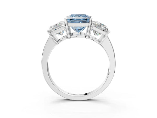 Platinum Three-Stone Fancy Blue Princess Cut Cut Diamond Engagement Ring with Flat Band and Four-Prong Setting