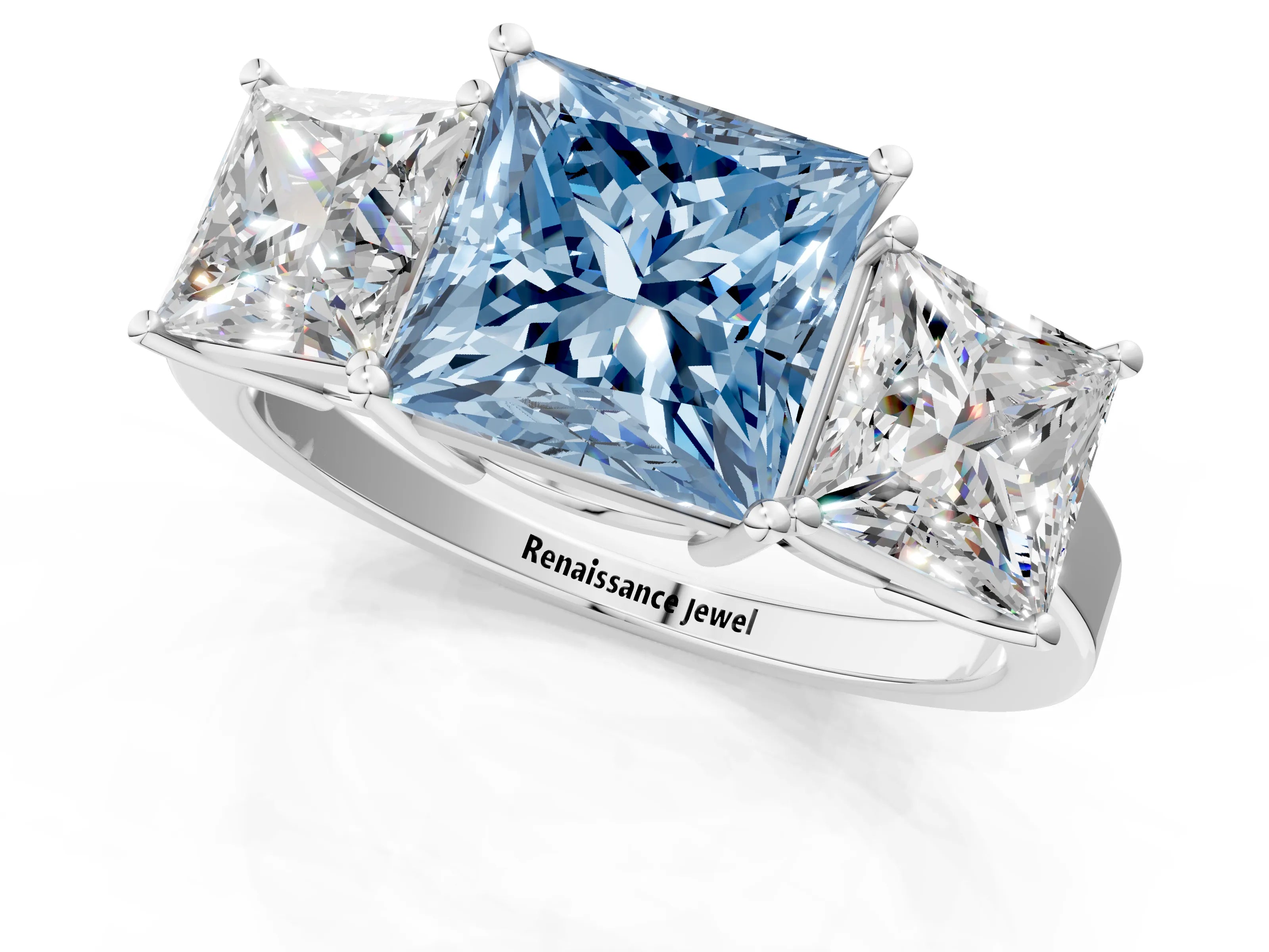 White gold Three-Stone Fancy Blue Princess Cut Cut Diamond Engagement Ring with Flat Band and Four-Prong Setting_1