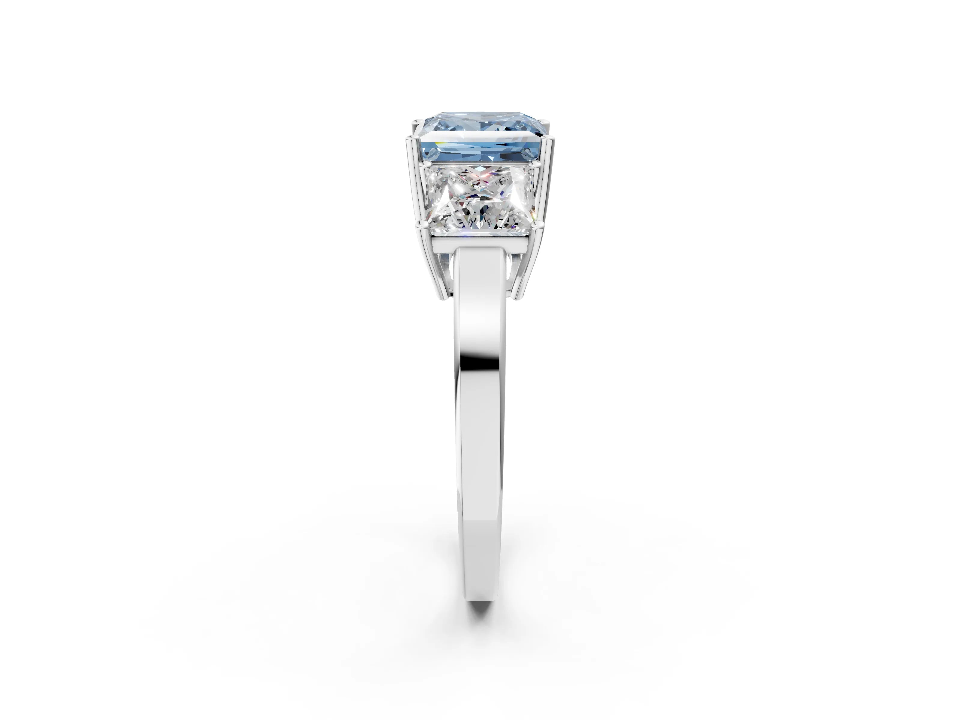 White gold Three-Stone Fancy Blue Princess Cut Cut Diamond Engagement Ring with Flat Band and Four-Prong Setting_2