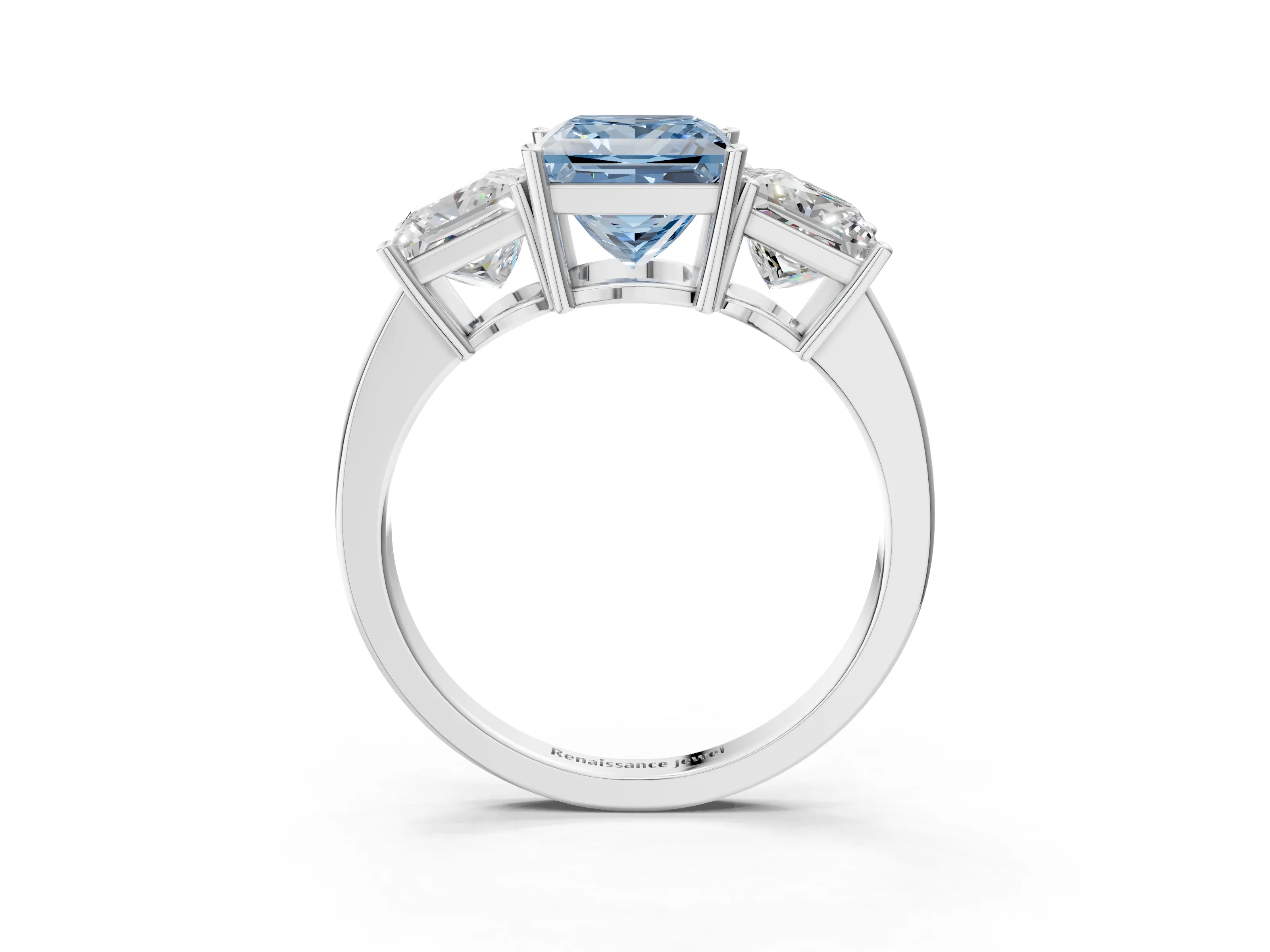 White gold Three-Stone Fancy Blue Princess Cut Cut Diamond Engagement Ring with Flat Band and Four-Prong Setting_3