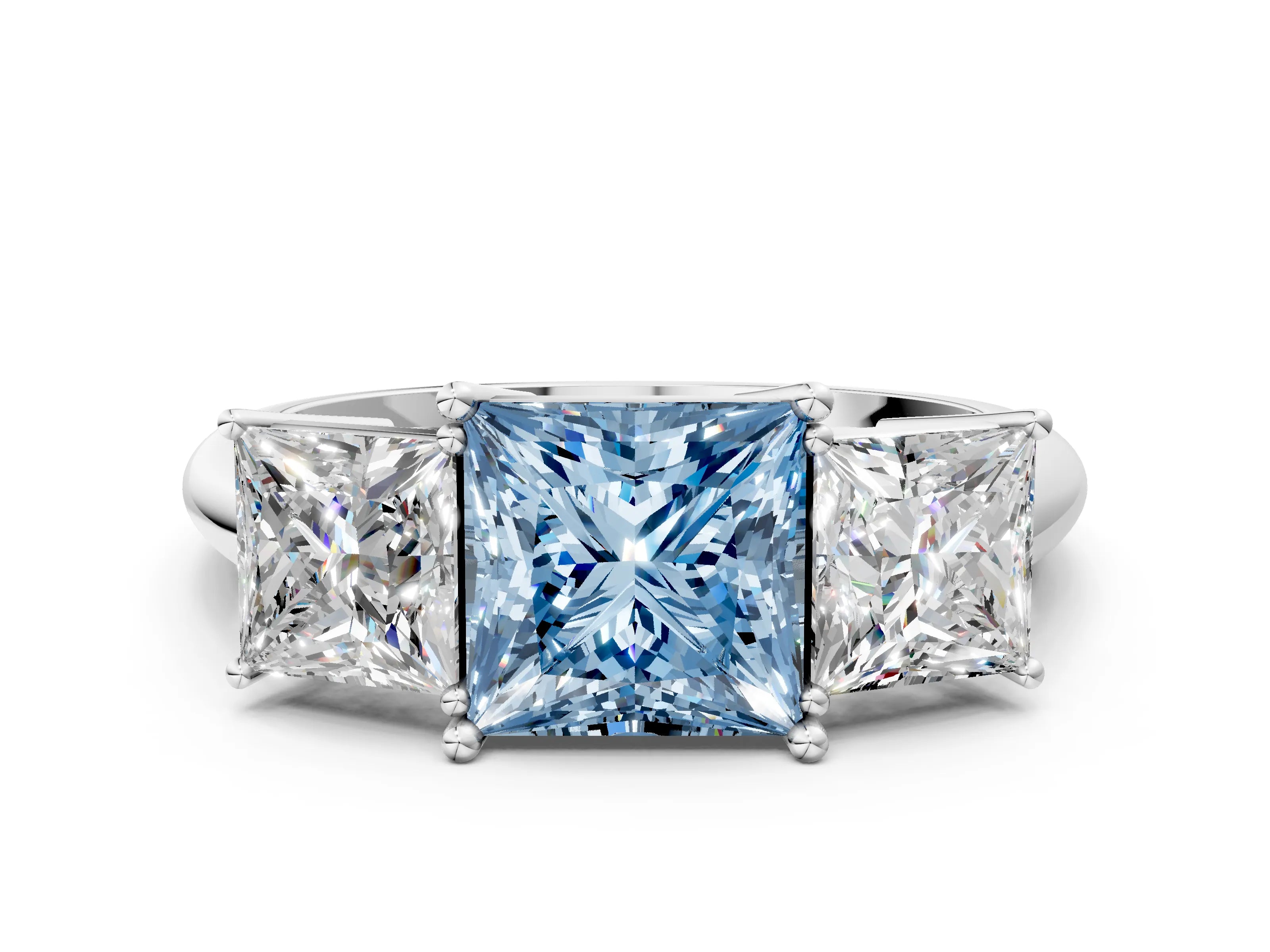 White gold Three-Stone Fancy Blue Princess Cut Cut Diamond Engagement Ring with Prong Setting on a White Gold Band_12