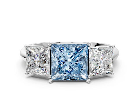 White gold Three-Stone Fancy Blue Princess Cut Cut Diamond Engagement Ring with Prong Setting on a White Gold Band_12