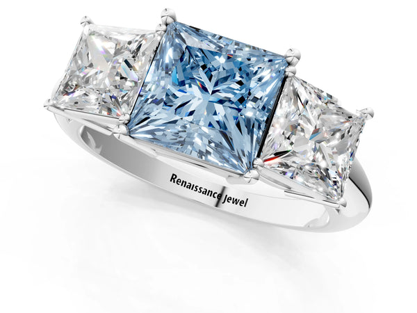 Platinum Three-Stone Fancy Blue Princess Cut Cut Diamond Engagement Ring with Prong Setting on a White Gold Band