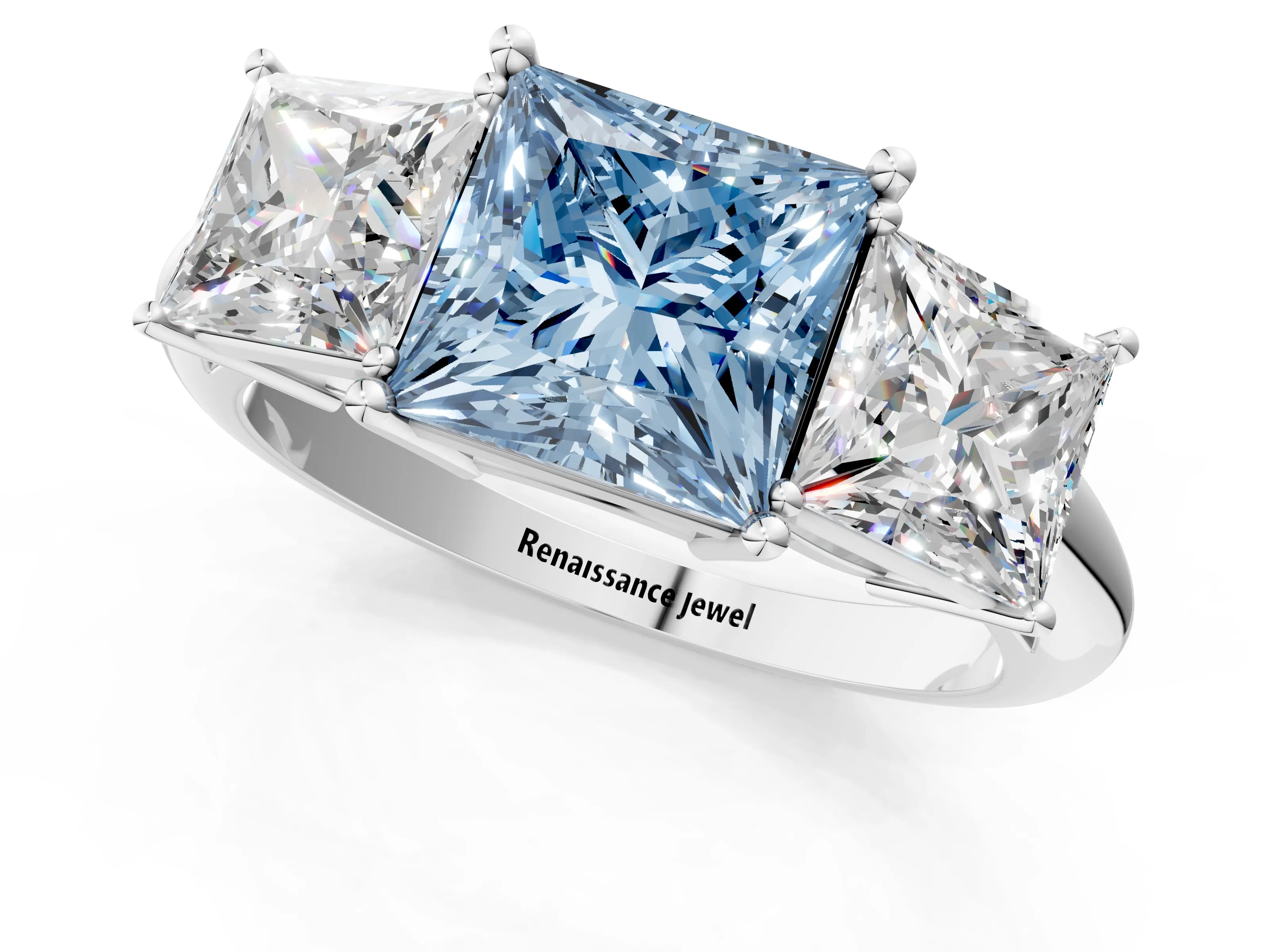White gold Three-Stone Fancy Blue Princess Cut Cut Diamond Engagement Ring with Prong Setting on a White Gold Band_13
