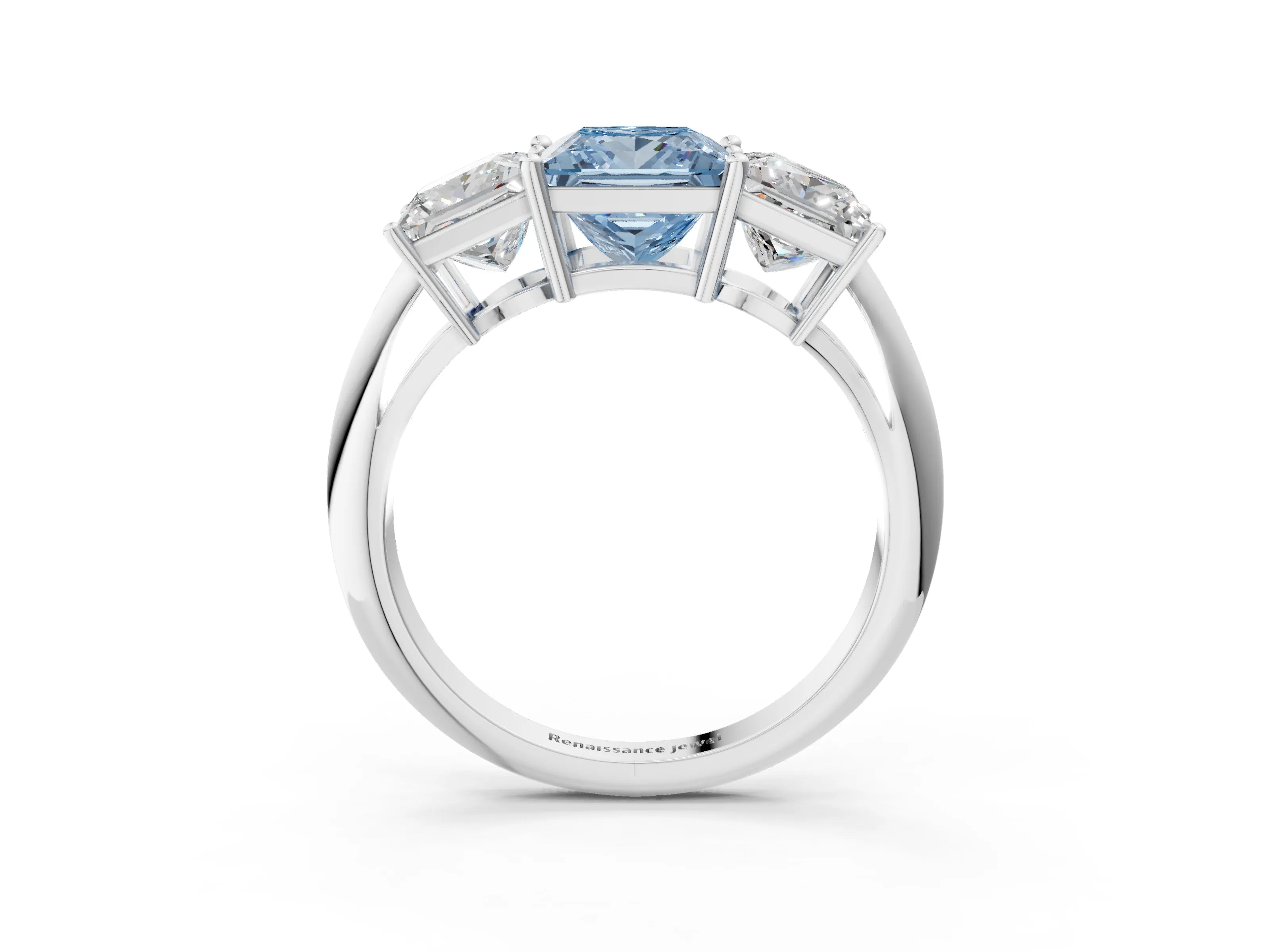 White gold Three-Stone Fancy Blue Princess Cut Cut Diamond Engagement Ring with Prong Setting on a White Gold Band_15