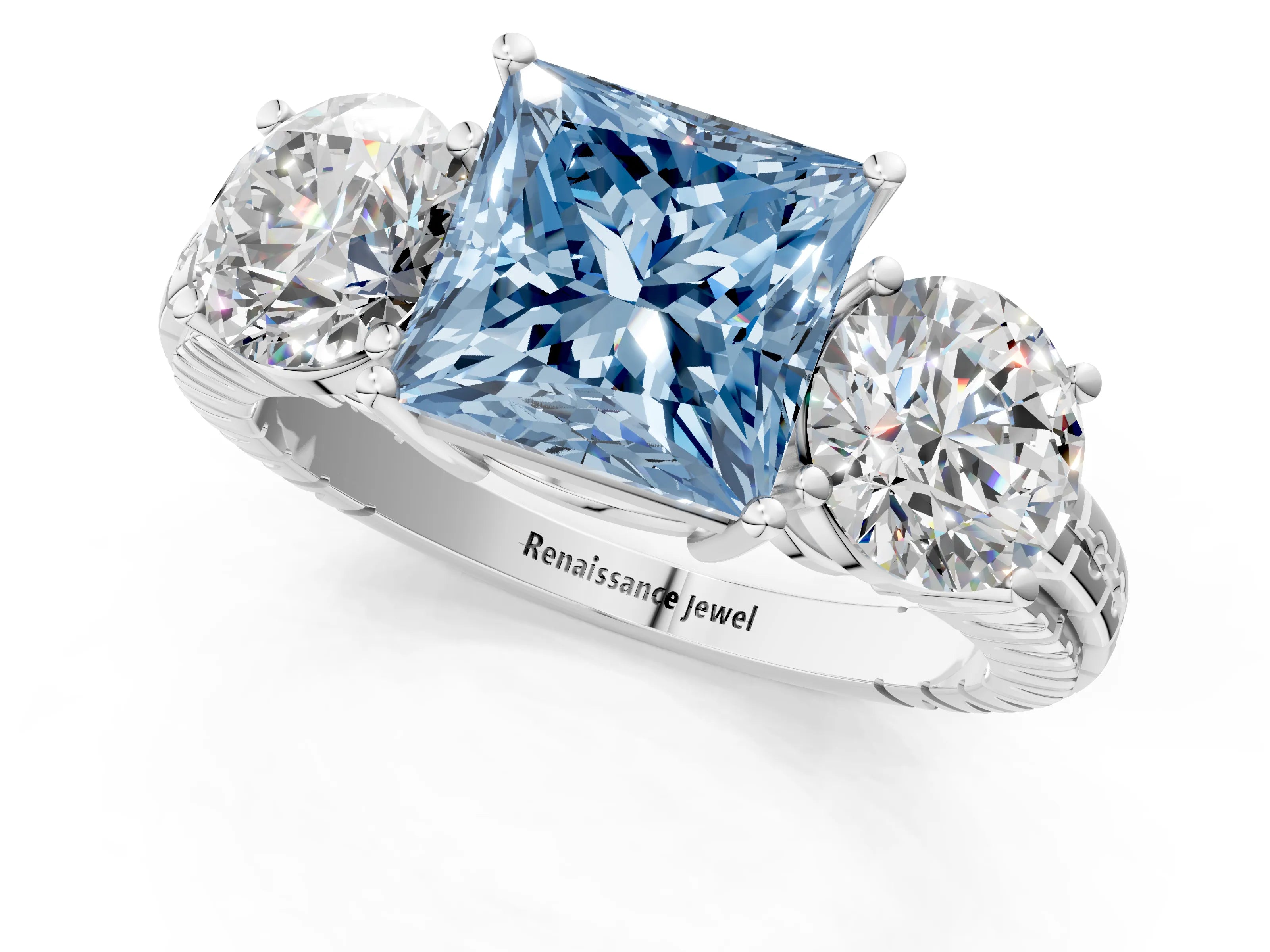 White gold Three-Stone Fancy Blue Princess Cut Cut Diamond Ring with Channel-Set Band and Prong Setting_1