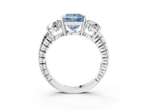 White Gold Princess Cut Three-Stone Engagement Ring Setting for Fancy Blue Center with Engraved Band