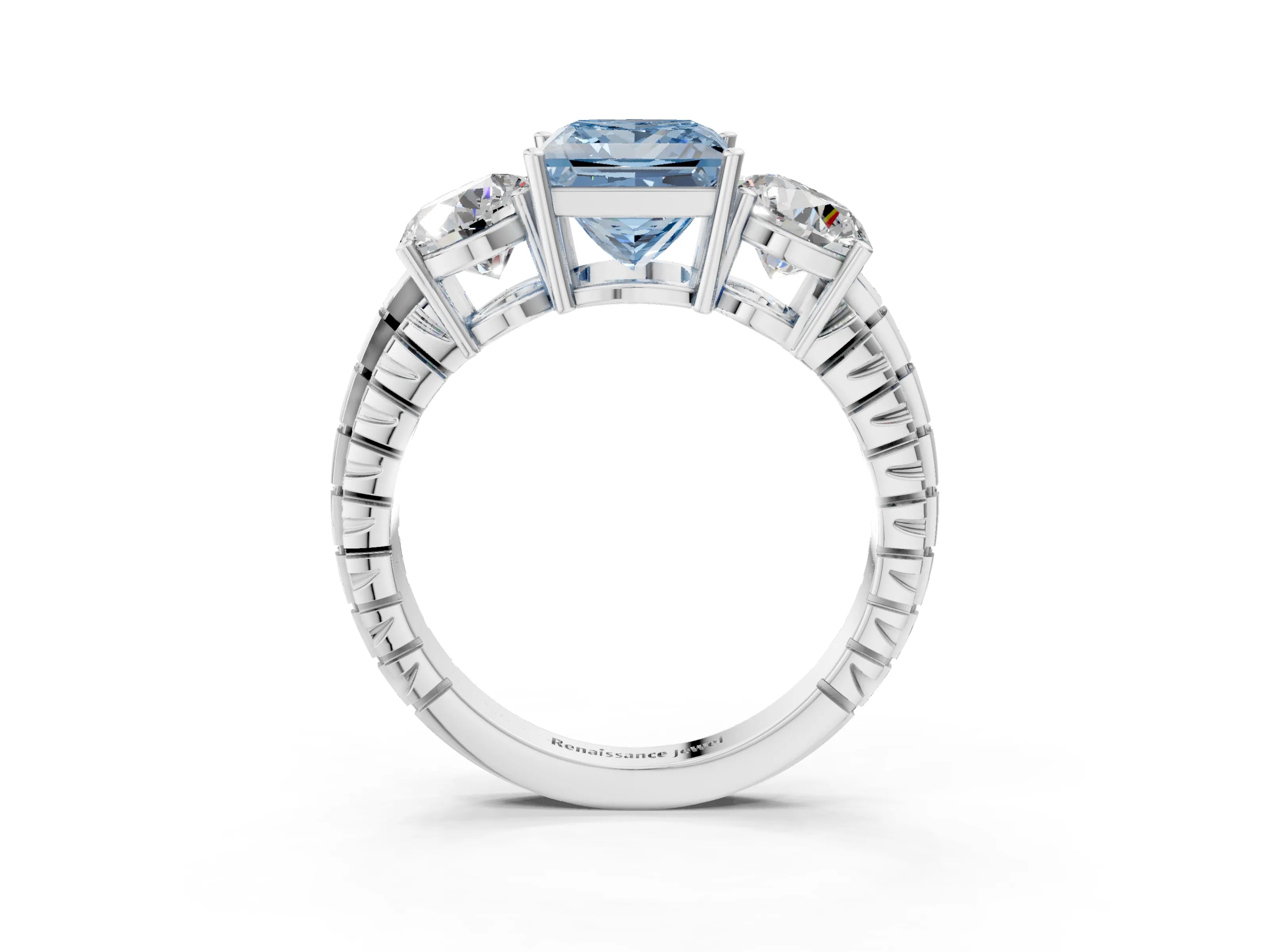 White gold Three-Stone Fancy Blue Princess Cut Cut Diamond Ring with Channel-Set Band and Prong Setting_3