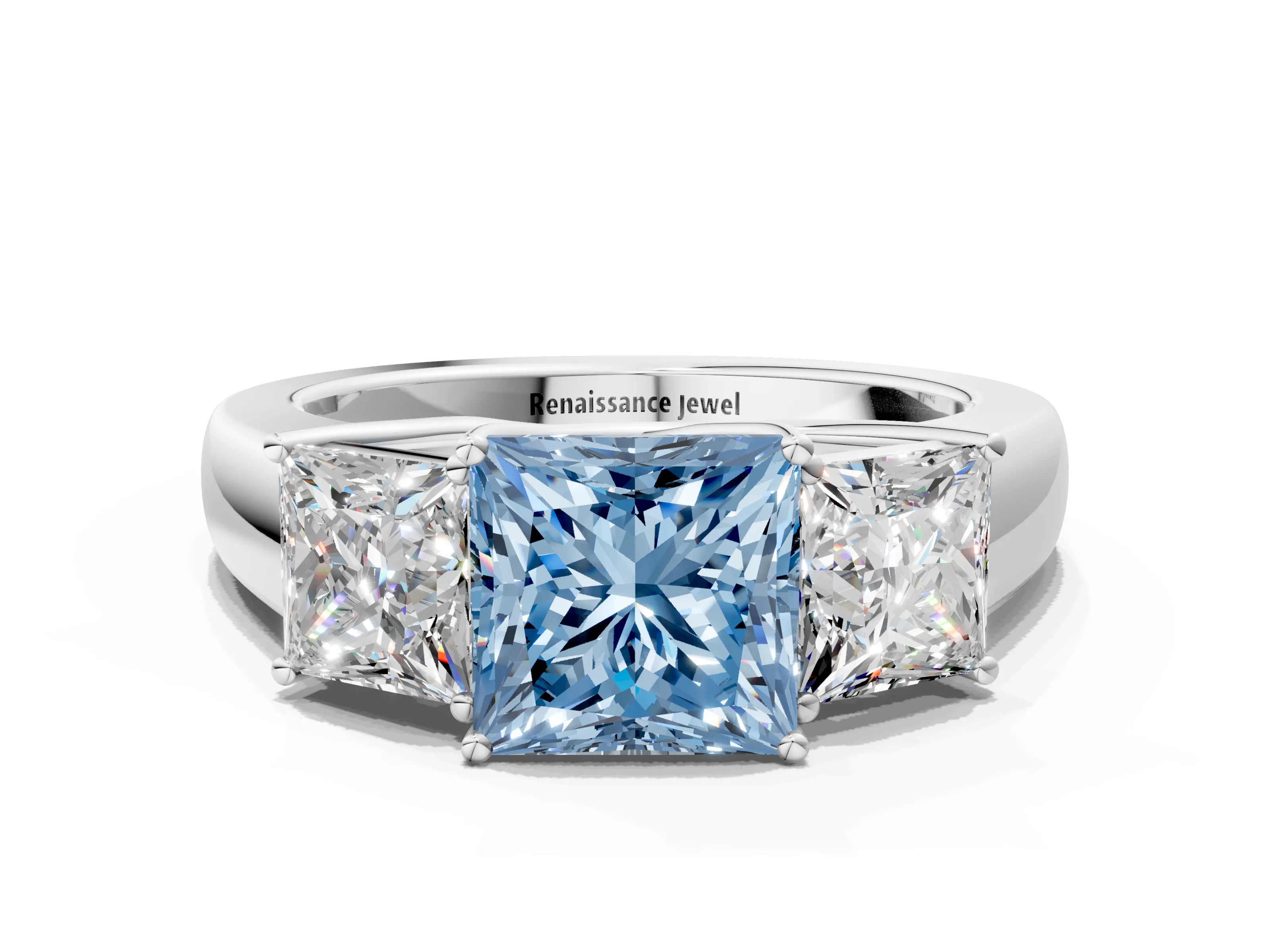 White gold Three-Stone Fancy Blue Princess Cut Cut Diamond Ring with Prong Setting and Classic Band