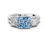 White gold Three-Stone Fancy Blue Princess Cut Cut Diamond Ring with Prong Setting and Classic Band