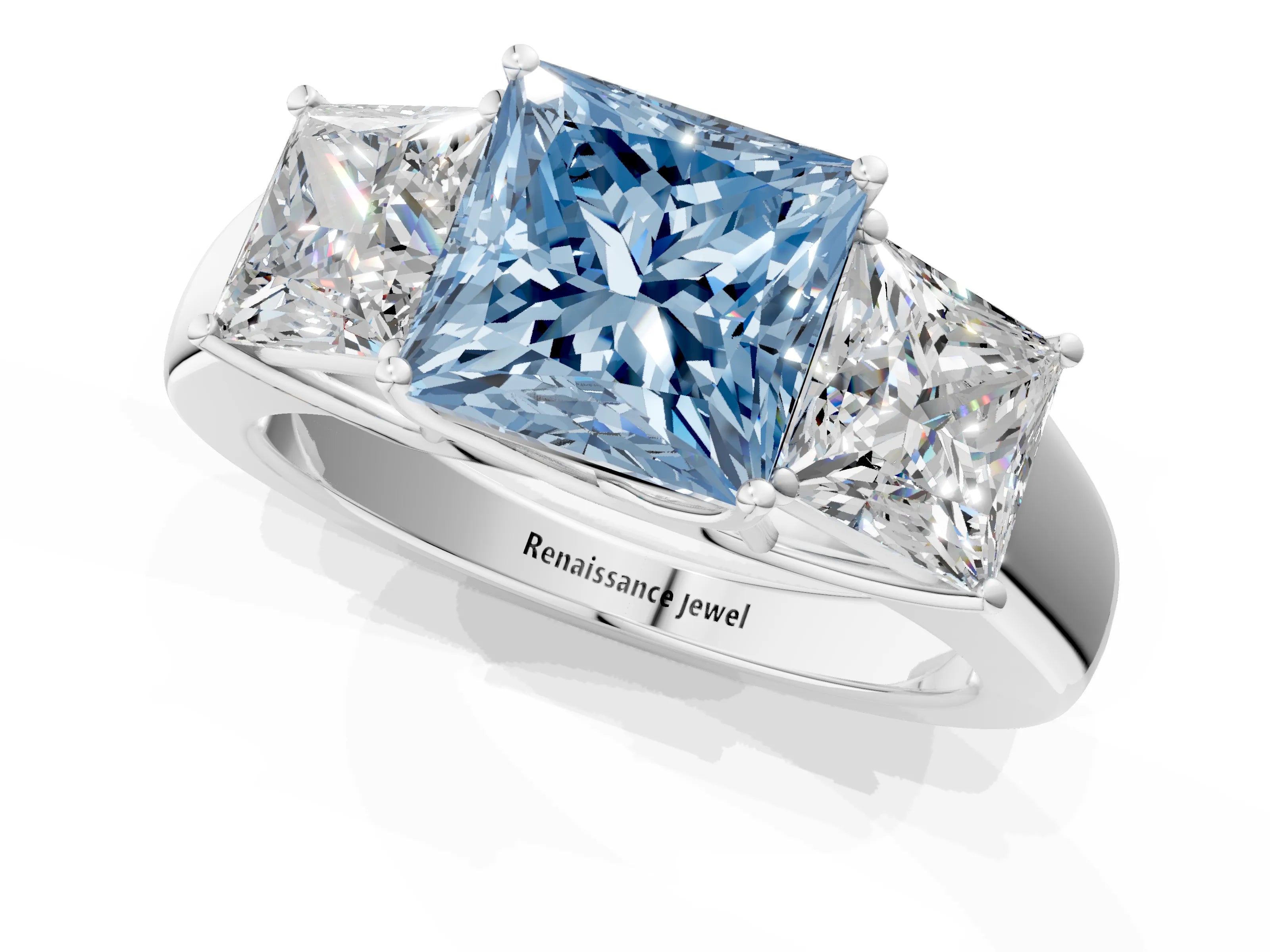 White gold Three-Stone Fancy Blue Princess Cut Cut Diamond Ring with Prong Setting and Classic Band_1