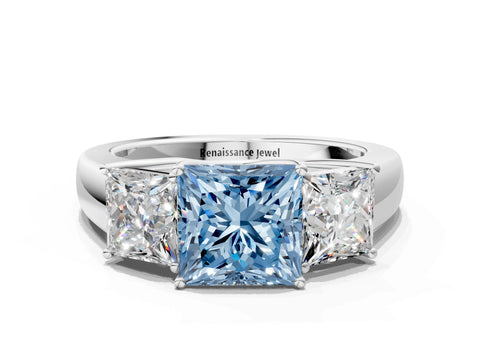 White gold Three-Stone Fancy Blue Princess Cut Cut Diamond Ring with Prong Setting and Classic Band