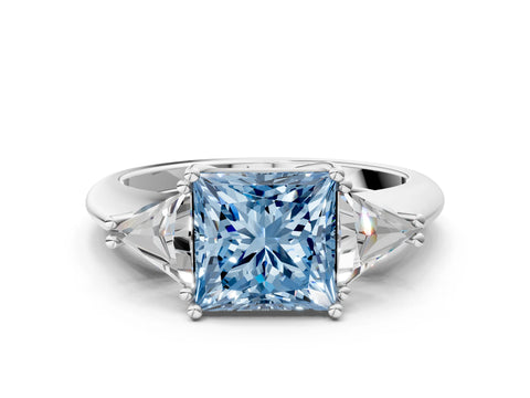 White gold Three-Stone Fancy Blue Princess Cut Cut Diamond Ring with Trillion Side Stones and Four-Prong Setting_11
