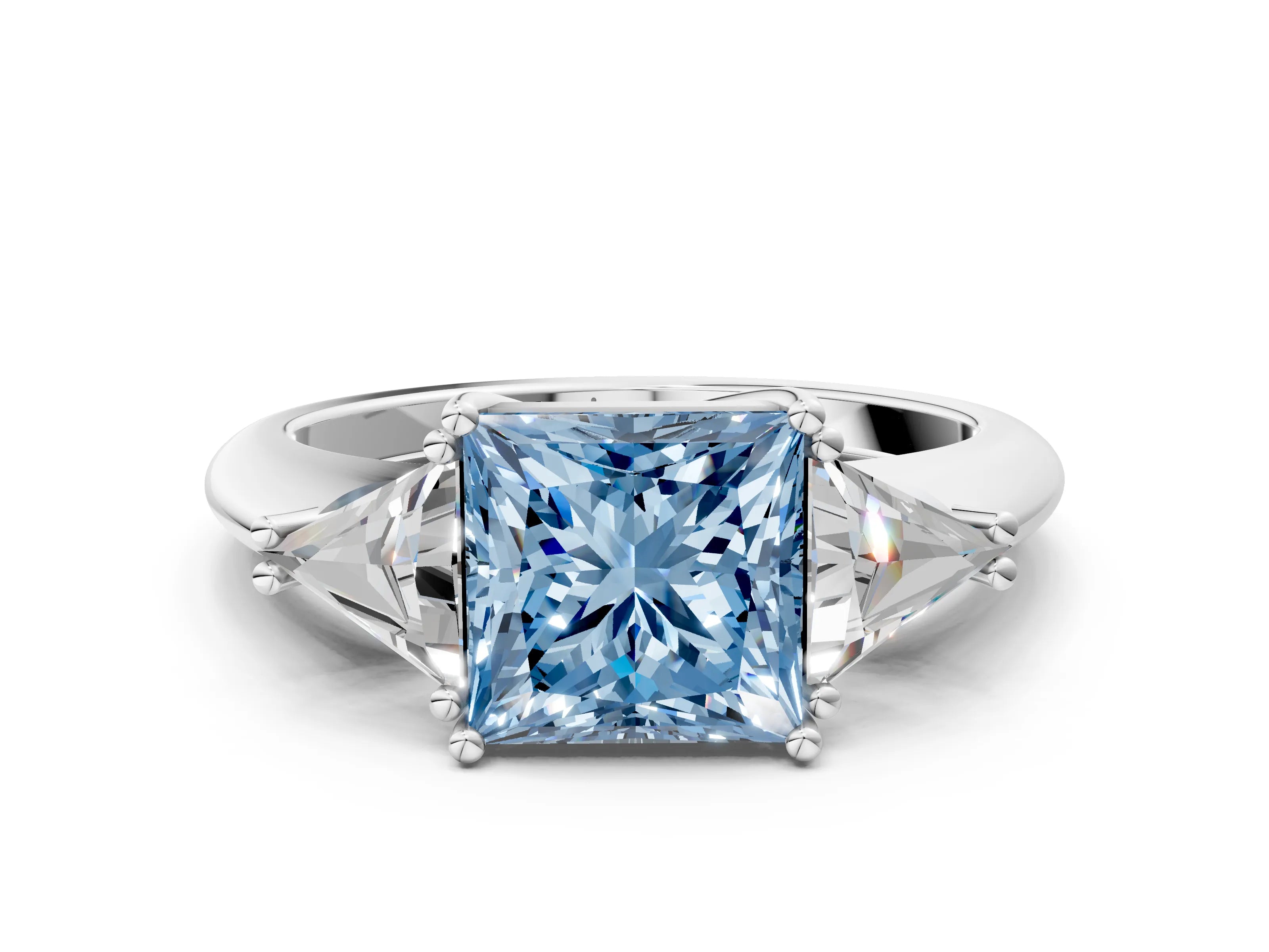 White gold Three-Stone Fancy Blue Princess Cut Cut Diamond Ring with Trillion Side Stones and Four-Prong Setting_11