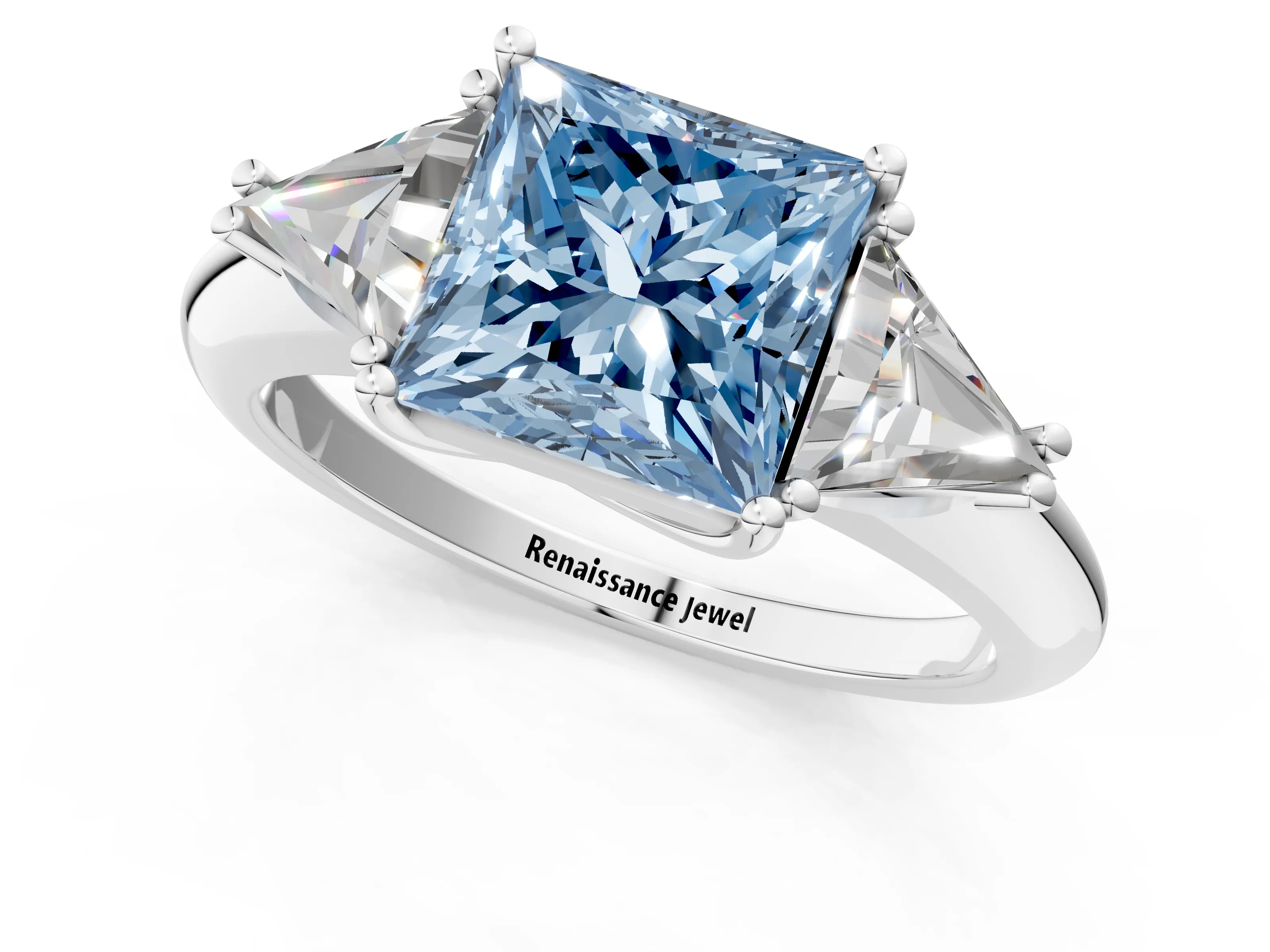 White gold Three-Stone Fancy Blue Princess Cut Cut Diamond Ring with Trillion Side Stones and Four-Prong Setting_12