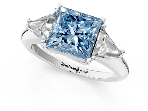 White gold Three-Stone Fancy Blue Princess Cut Cut Diamond Ring with Trillion Side Stones and Four-Prong Setting_12
