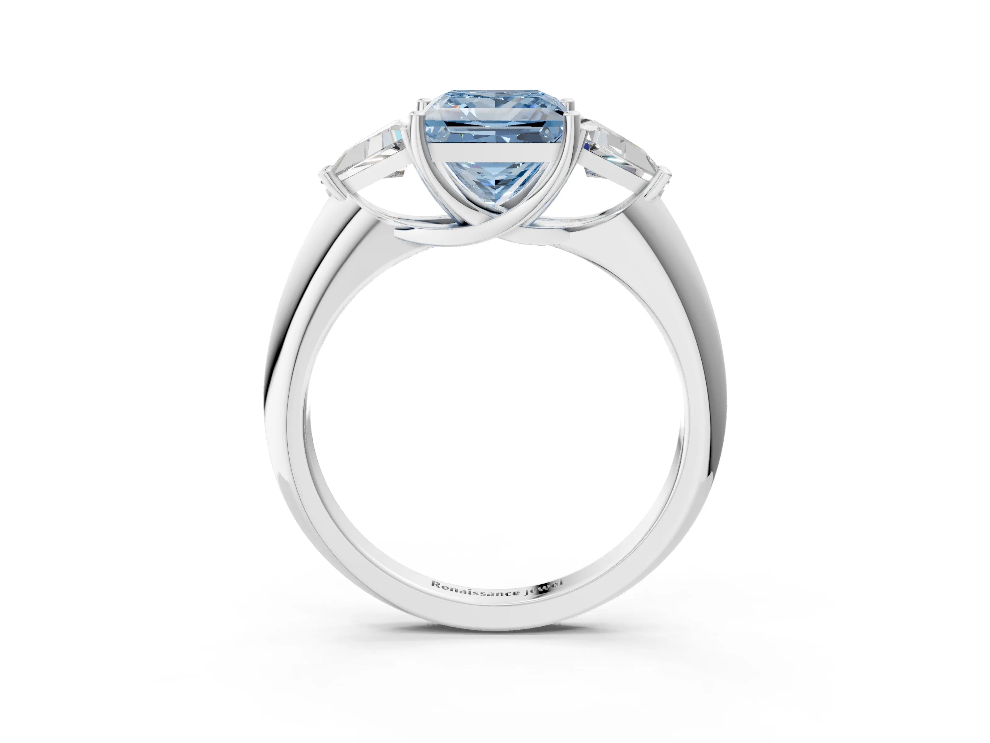 White gold Three-Stone Fancy Blue Princess Cut Cut Diamond Ring with Trillion Side Stones and Four-Prong Setting_14