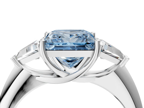 White gold Three-Stone Fancy Blue Princess Cut Cut Diamond Ring with Trillion Side Stones and Four-Prong Setting_15