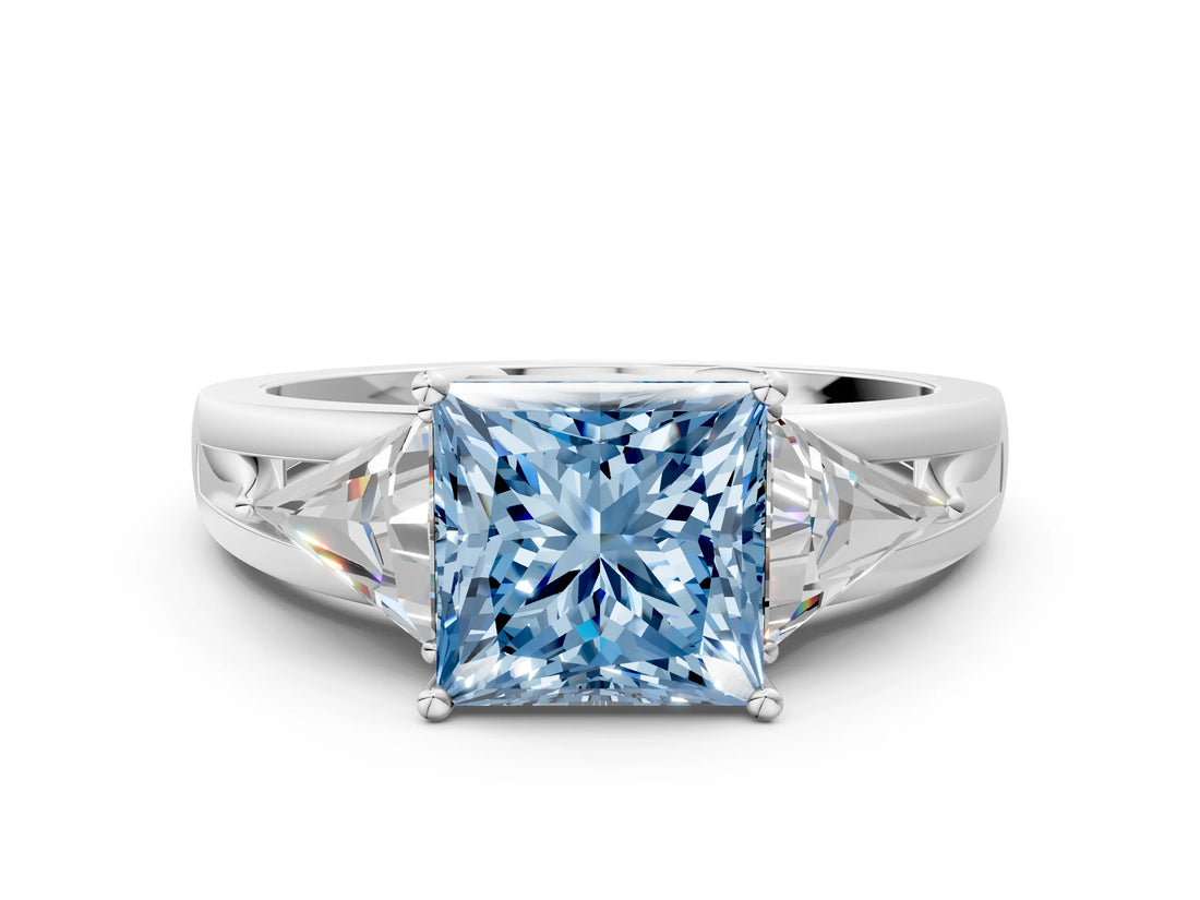 White gold Three-Stone Fancy Blue Princess Cut Cut Diamond Ring with Trillion Side Stones on a Split Shank Band_6