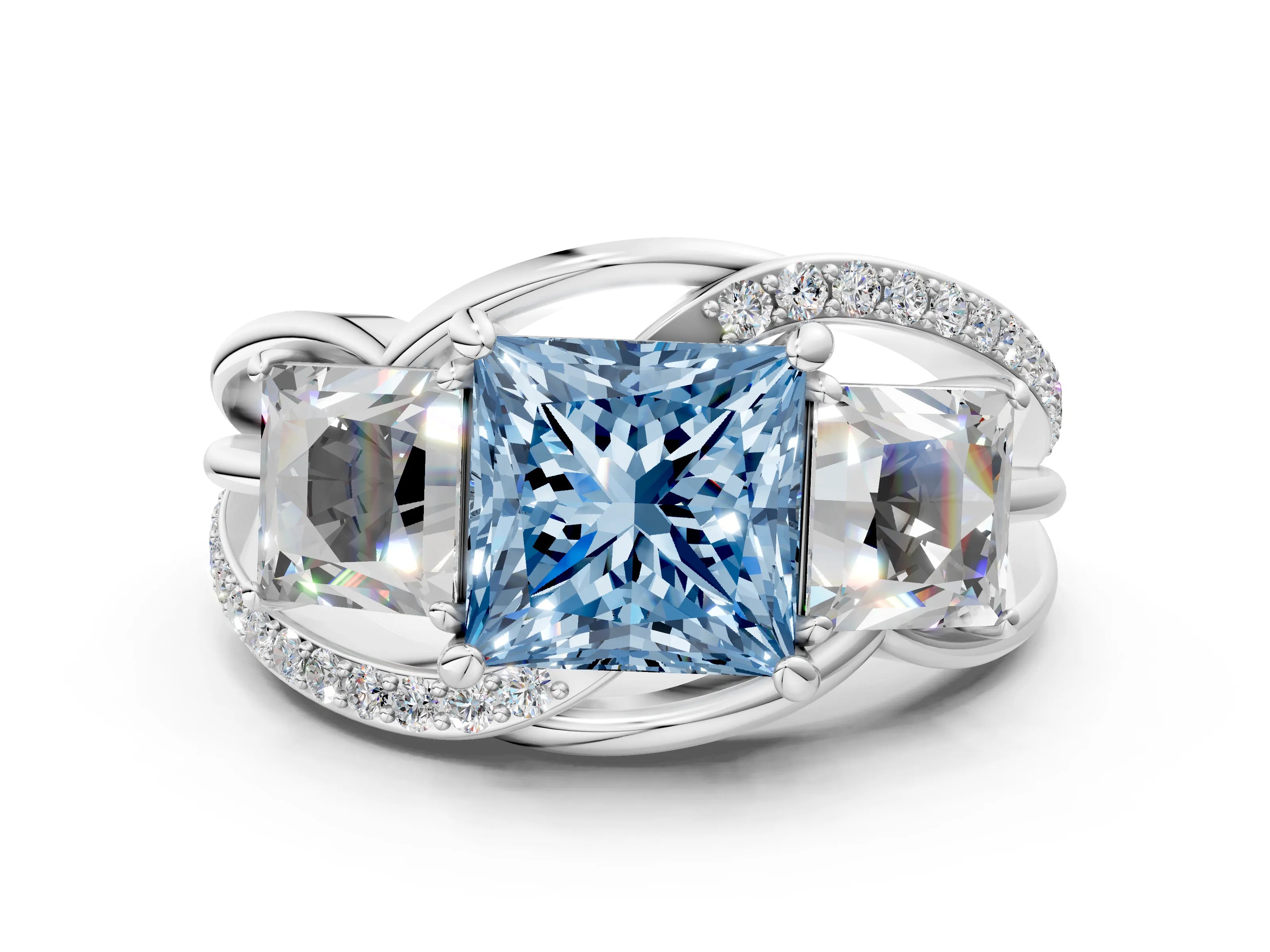 White gold Three-Stone Fancy Blue Princess Cut Cut Diamond Split Shank Prong Set Ring_24