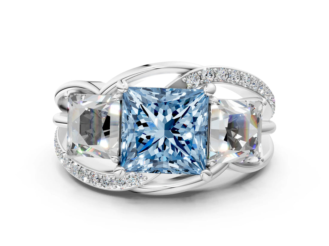 White gold Three-Stone Fancy Blue Princess Cut Cut Diamond Split Shank Prong Set Ring_24