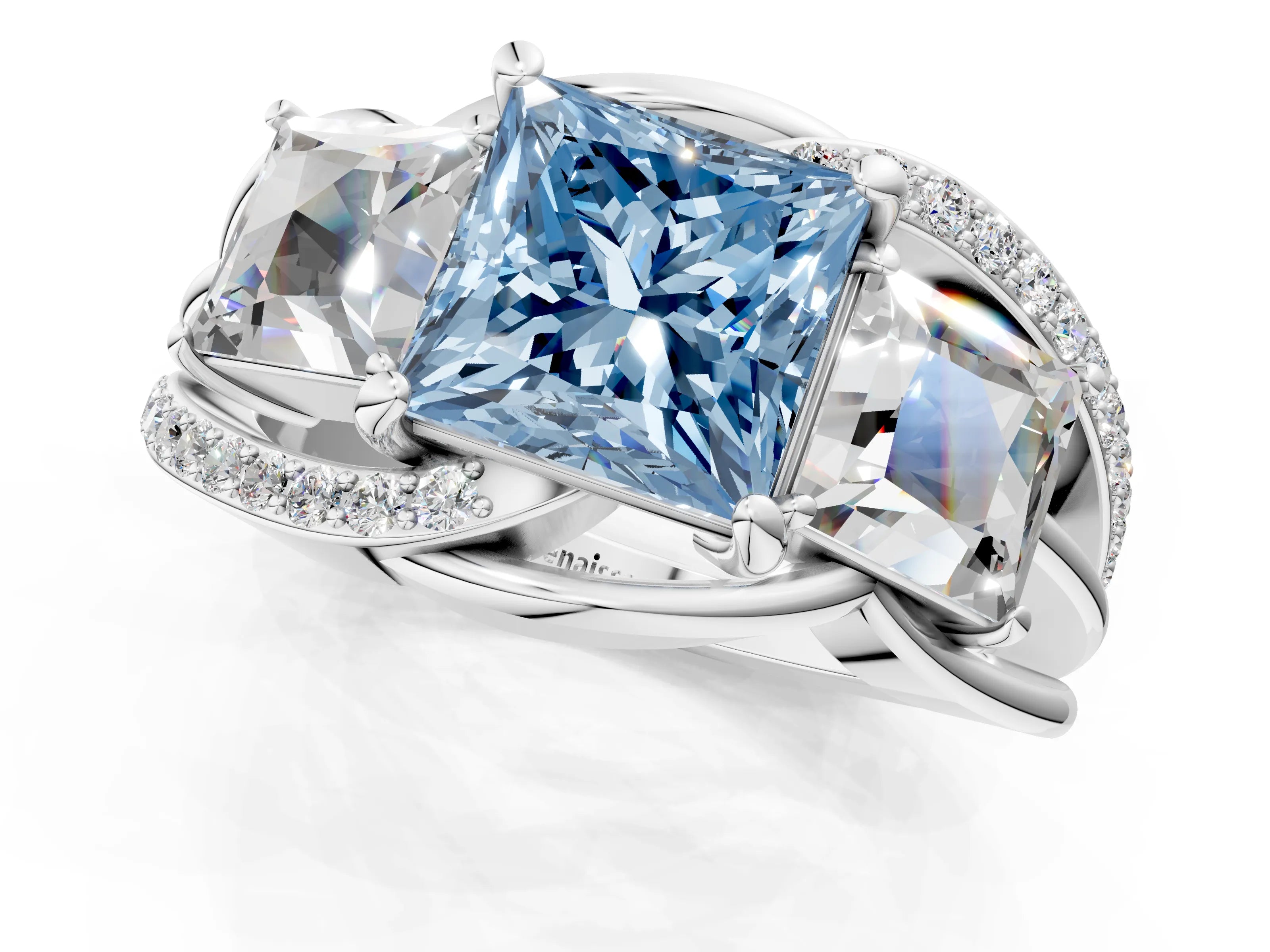 White gold Three-Stone Fancy Blue Princess Cut Cut Diamond Split Shank Prong Set Ring_25