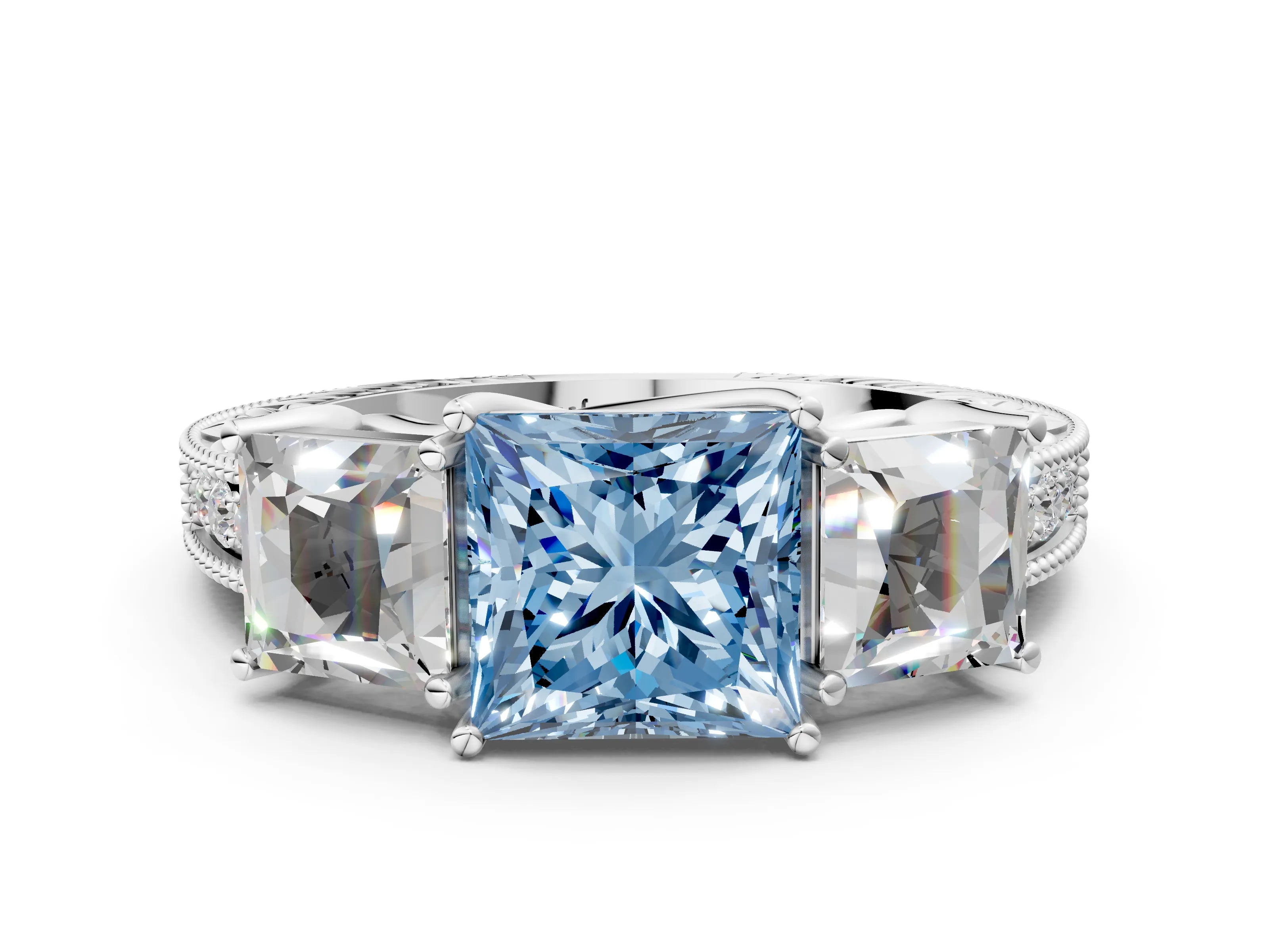 White gold Three-Stone Fancy Blue Princess Cut Cut Milgrain Pavé Engagement Ring_12