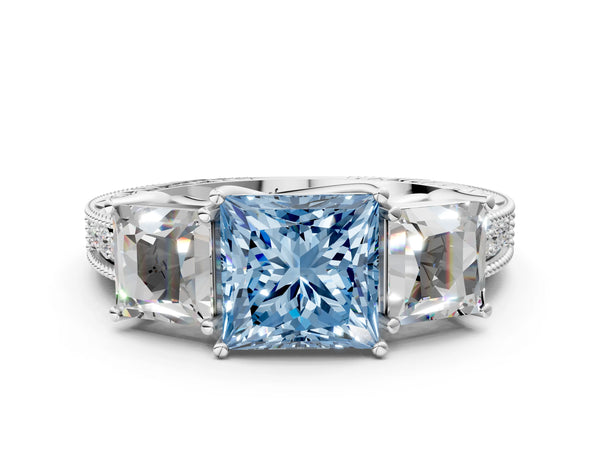 White gold Three-Stone Fancy Blue Princess Cut Cut Milgrain Pavé Engagement Ring