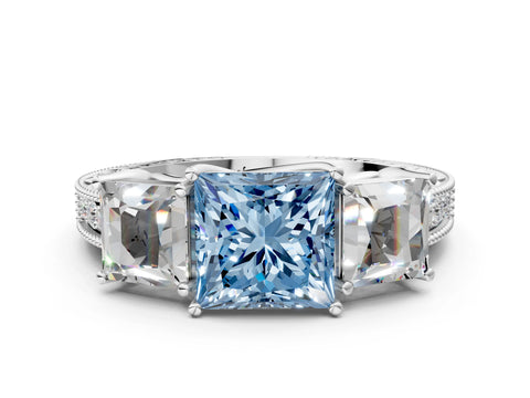 White gold Three-Stone Fancy Blue Princess Cut Cut Milgrain Pavé Engagement Ring_12