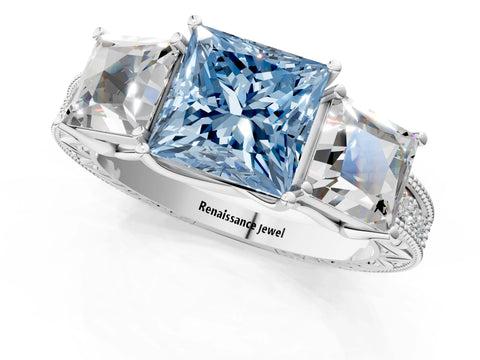 White gold Three-Stone Fancy Blue Princess Cut Cut Milgrain Pavé Engagement Ring_13
