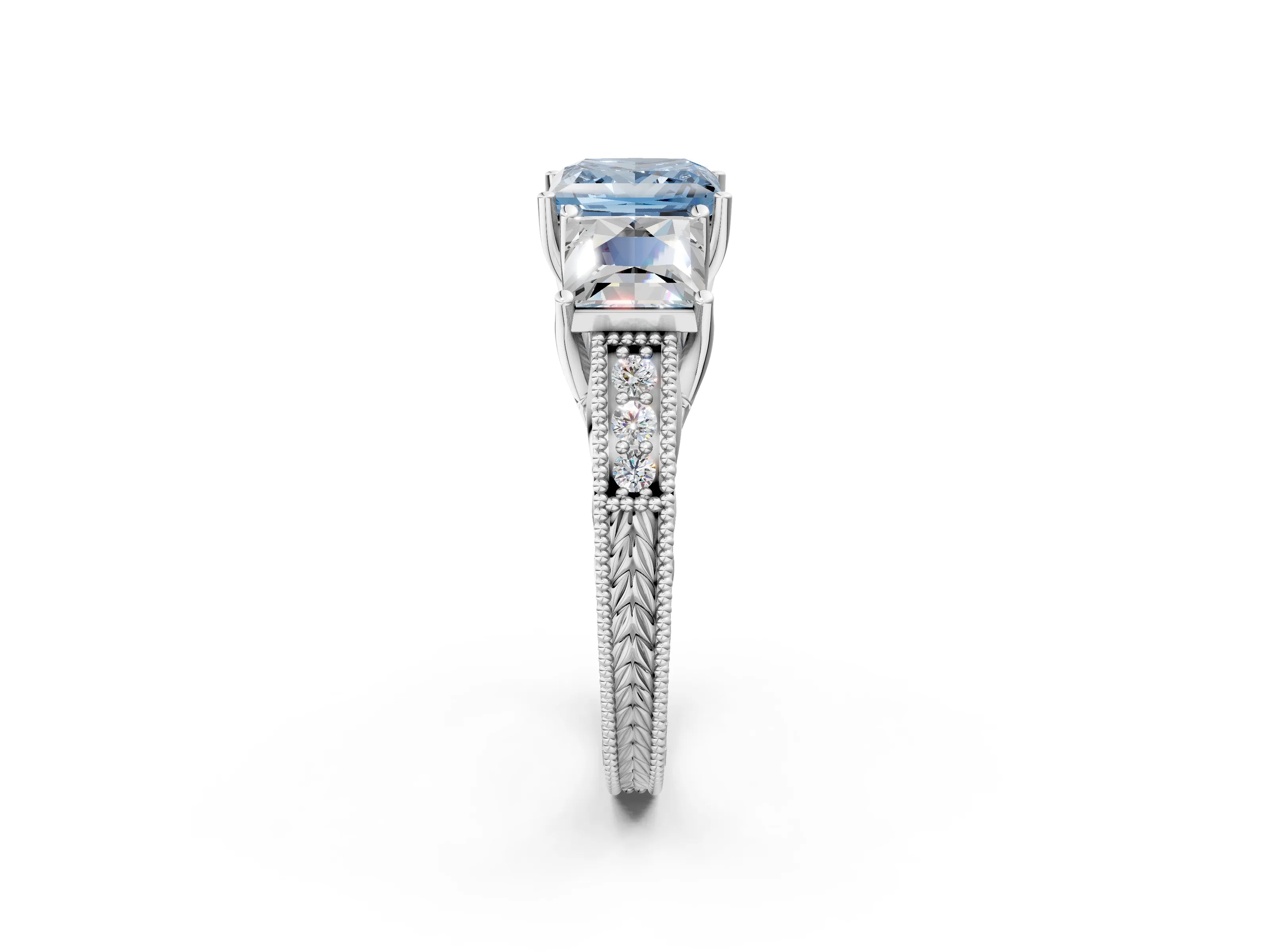 White gold Three-Stone Fancy Blue Princess Cut Cut Milgrain Pavé Engagement Ring_14