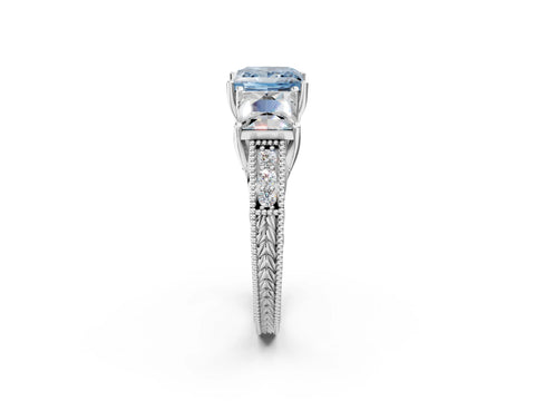 White gold Three-Stone Fancy Blue Princess Cut Cut Milgrain Pavé Engagement Ring_14