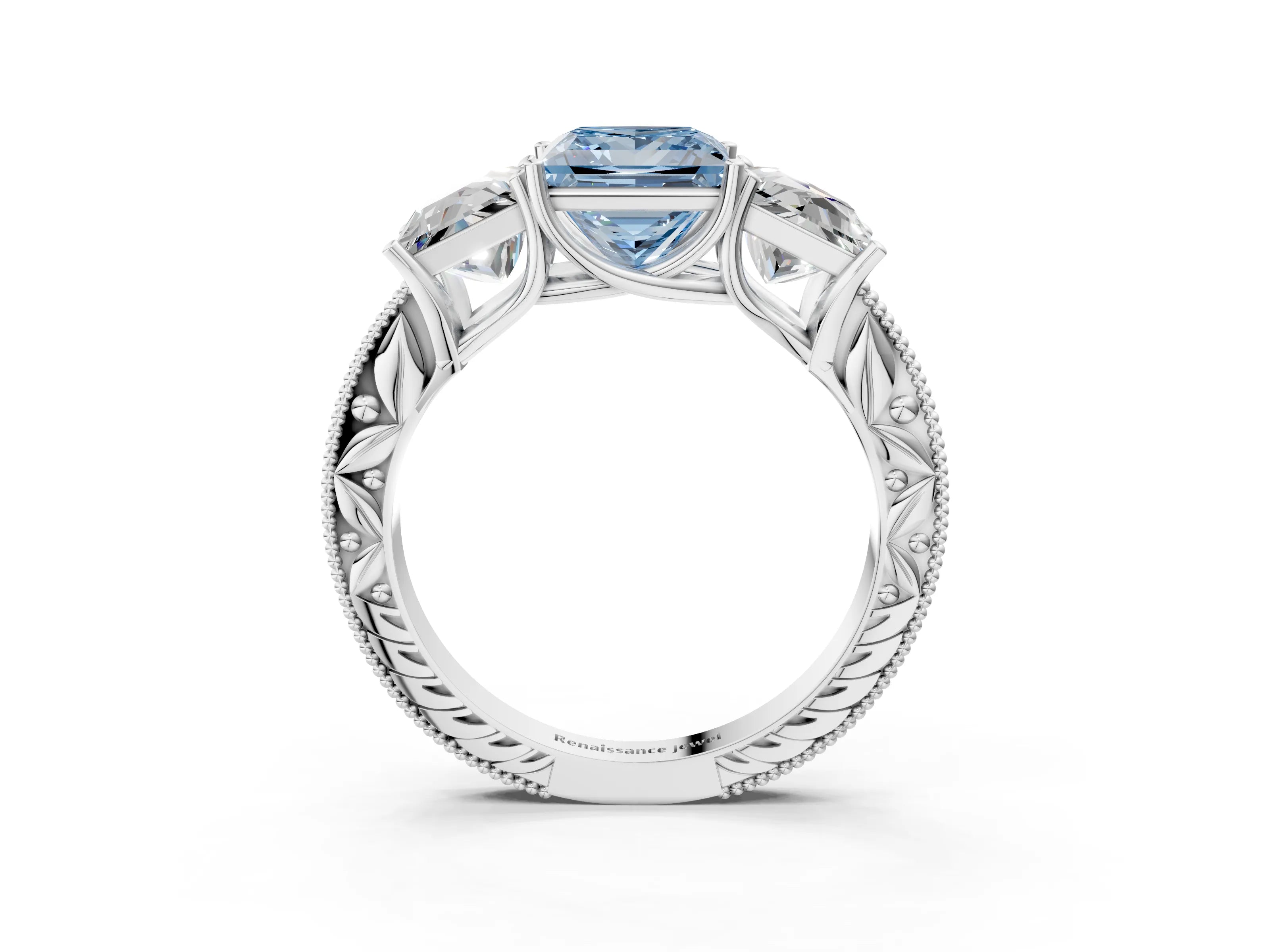 White gold Three-Stone Fancy Blue Princess Cut Cut Milgrain Pavé Engagement Ring_15