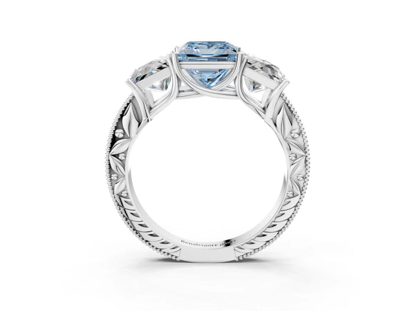 White gold Three-Stone Fancy Blue Princess Cut Cut Milgrain Pavé Engagement Ring