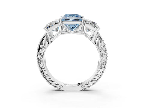 White gold Three-Stone Fancy Blue Princess Cut Cut Milgrain Pavé Engagement Ring_15