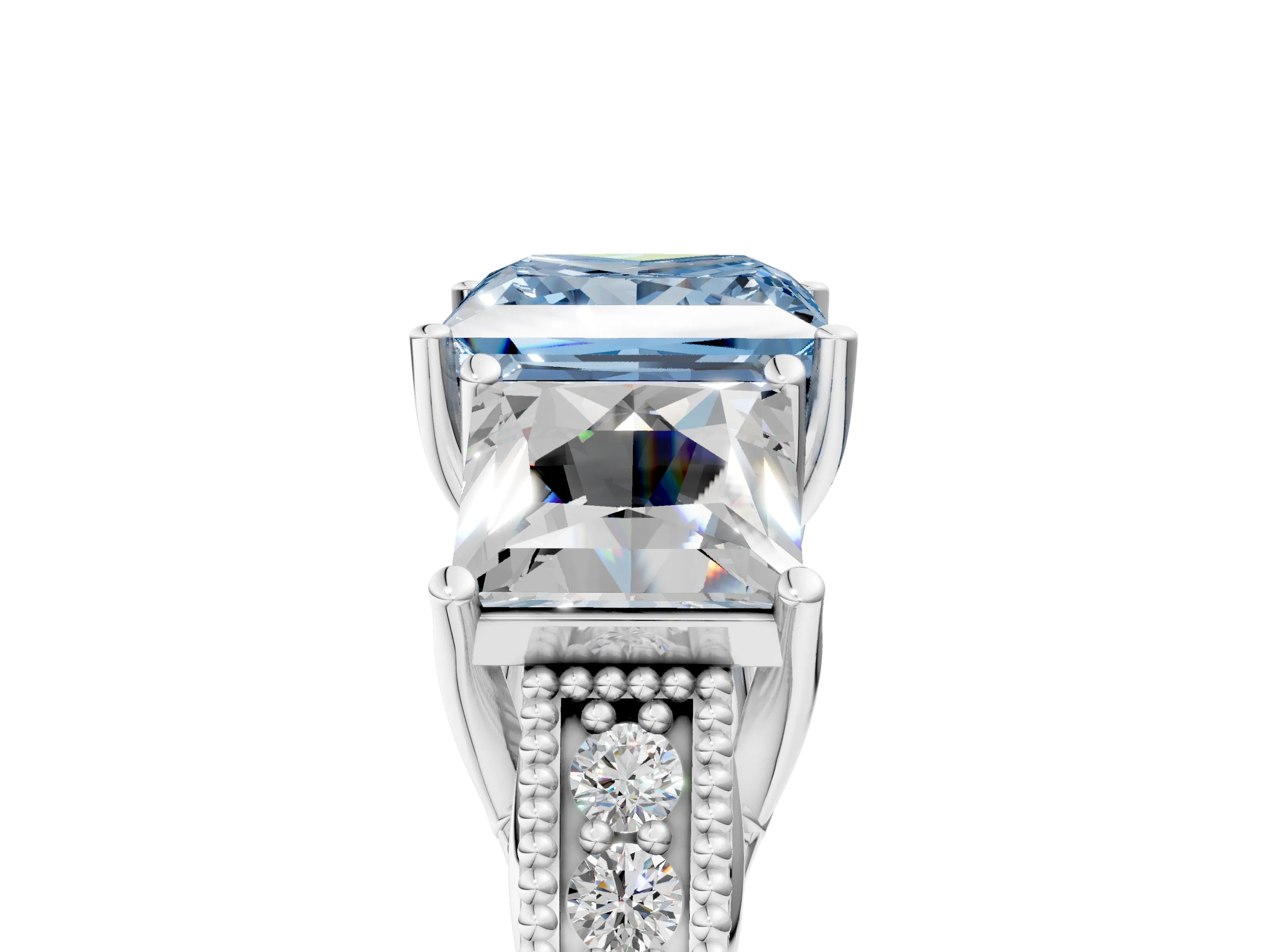 White gold Three-Stone Fancy Blue Princess Cut Cut Milgrain Pavé Engagement Ring_17