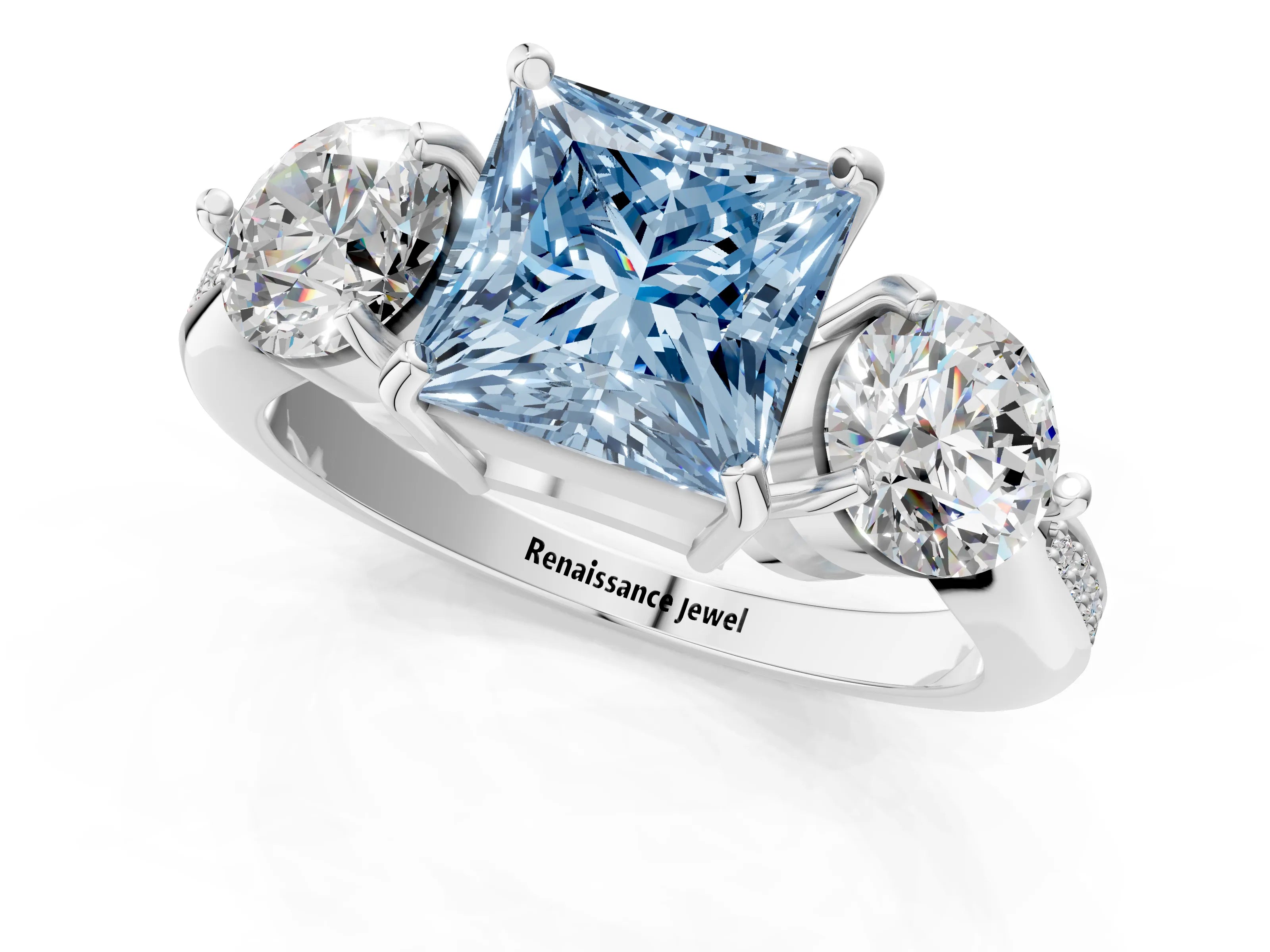 White gold Three-Stone Fancy Blue Princess Cut Diamond Channel Set Engagement Ring with Prong Setting_13