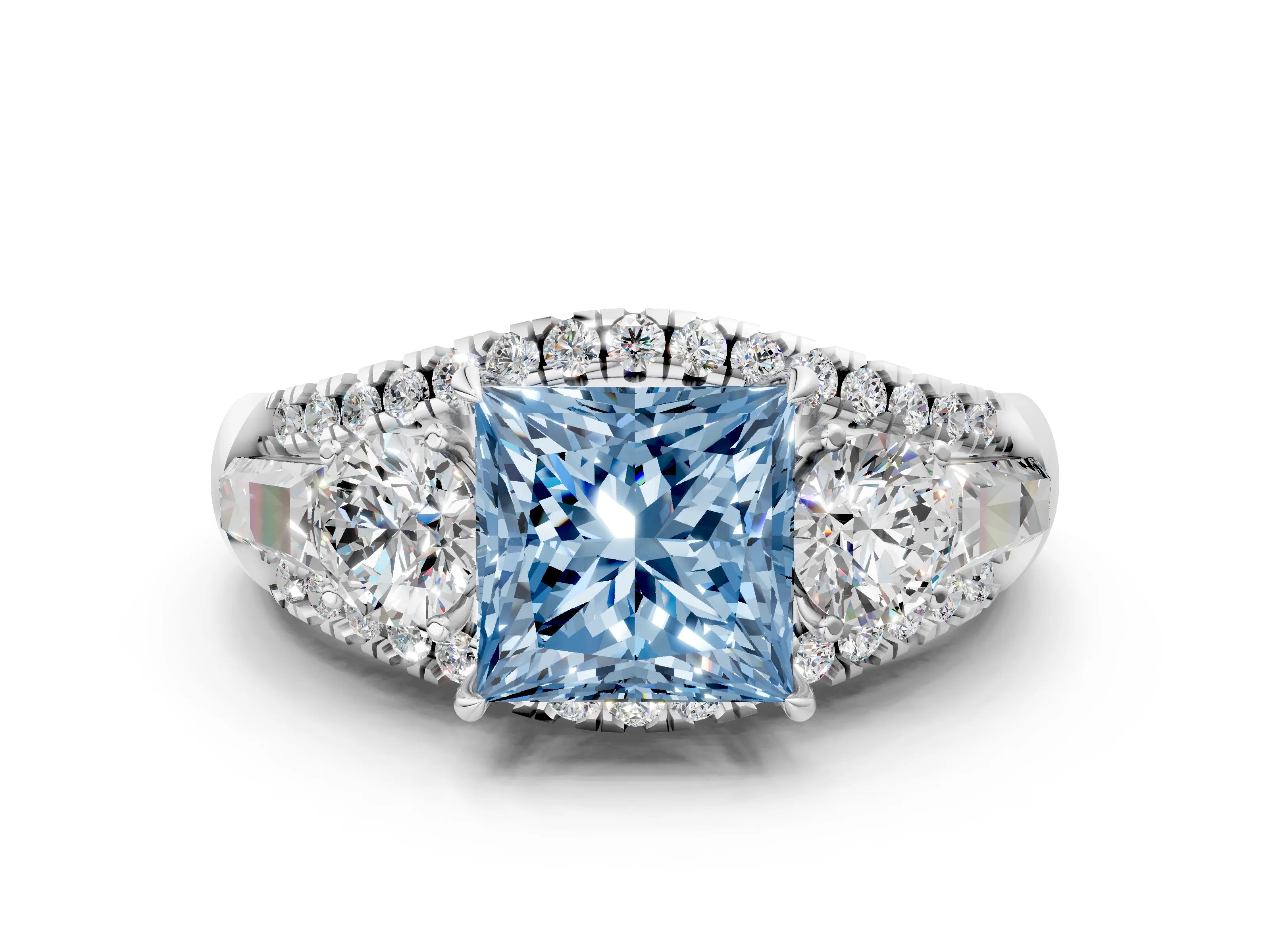 White gold Three-Stone Fancy Blue Princess Cut Diamond Engagement Ring with Pave Band and Prong Setting_12