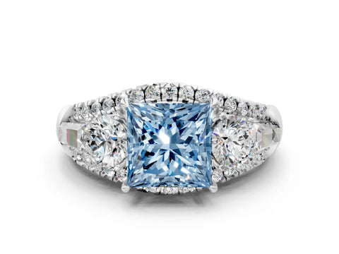White gold Three-Stone Fancy Blue Princess Cut Diamond Engagement Ring with Pave Band and Prong Setting_12