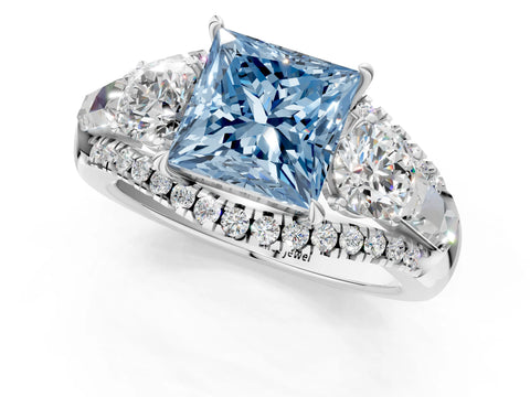 White gold Three-Stone Fancy Blue Princess Cut Diamond Engagement Ring with Pave Band and Prong Setting_13