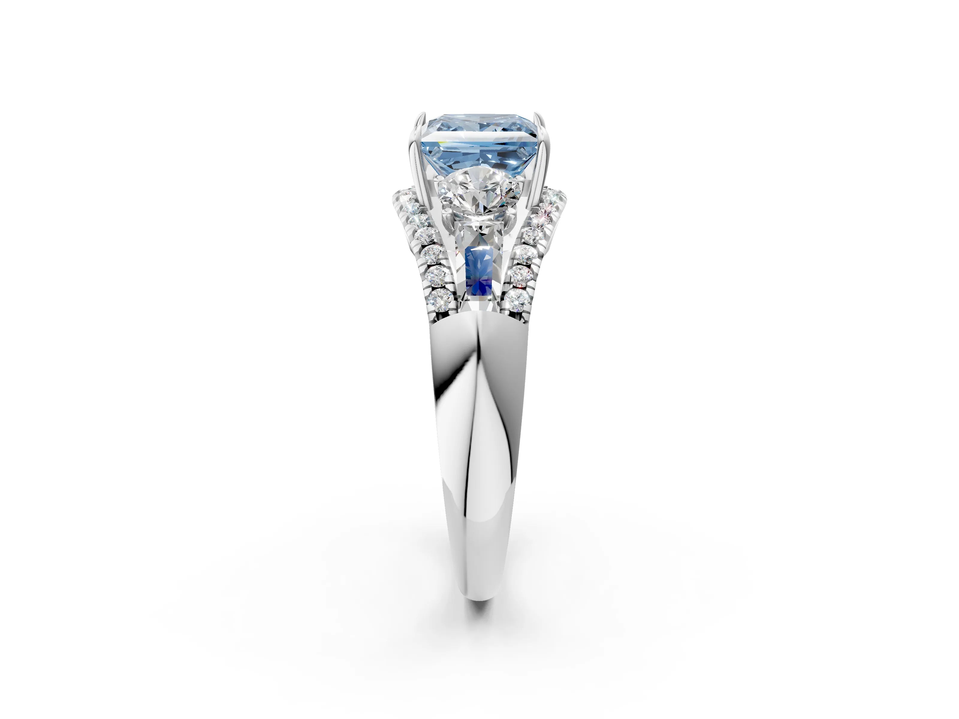 White gold Three-Stone Fancy Blue Princess Cut Diamond Engagement Ring with Pave Band and Prong Setting_14