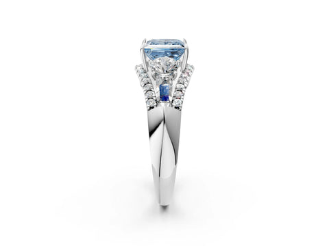 White gold Three-Stone Fancy Blue Princess Cut Diamond Engagement Ring with Pave Band and Prong Setting_14