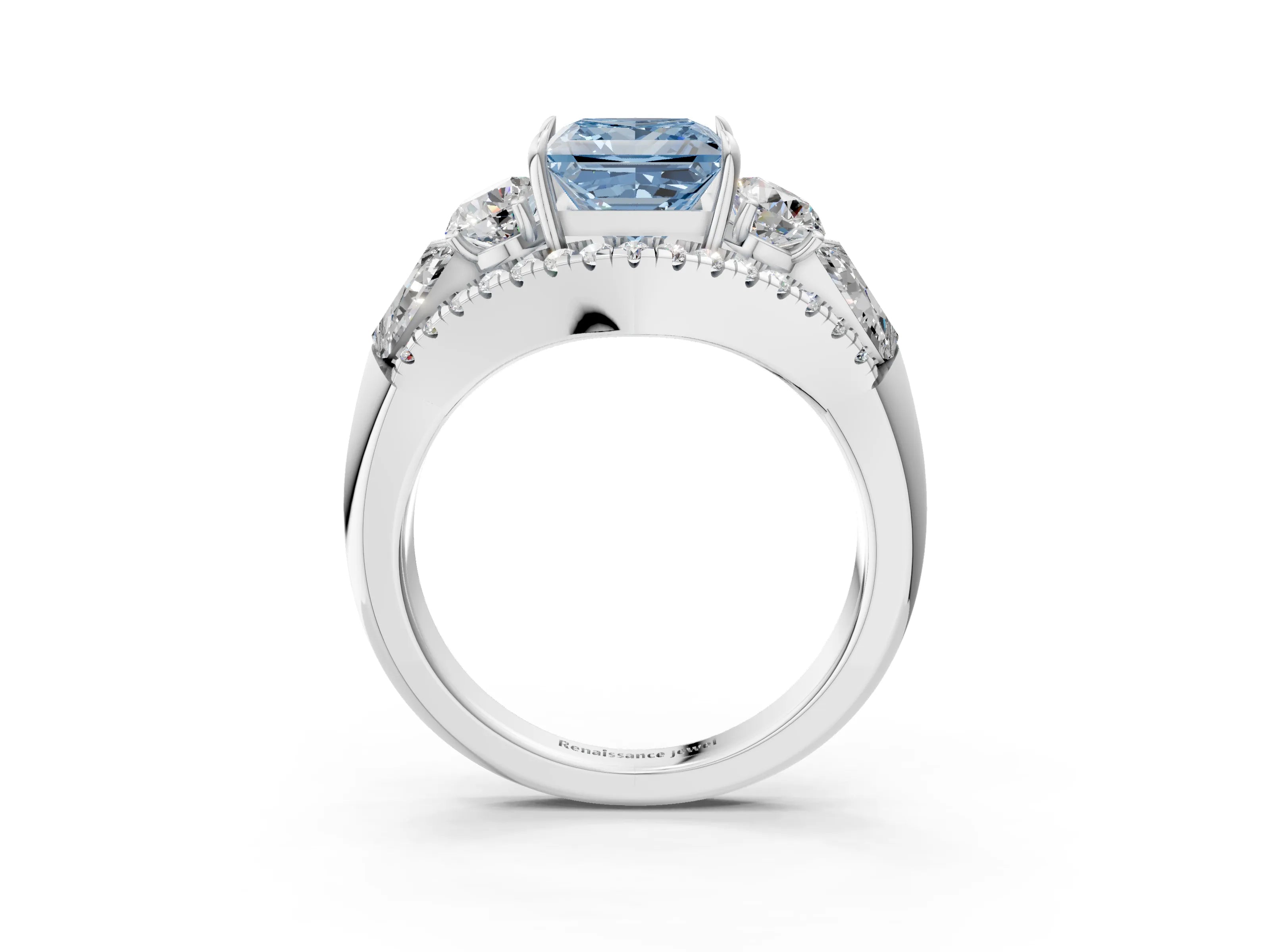 White gold Three-Stone Fancy Blue Princess Cut Diamond Engagement Ring with Pave Band and Prong Setting_15
