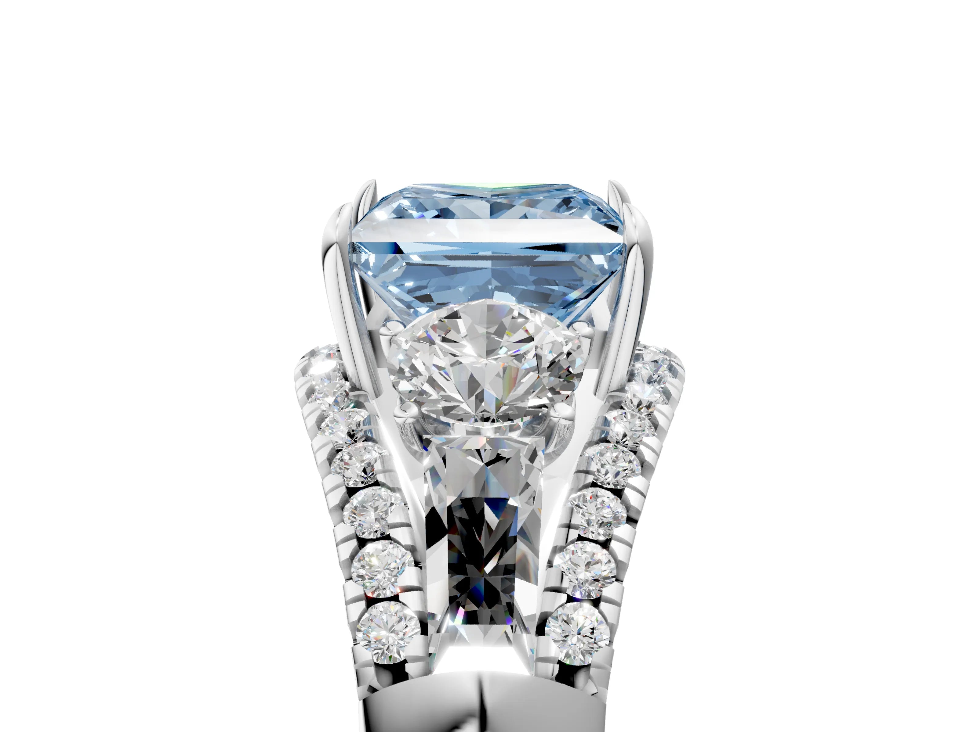 White gold Three-Stone Fancy Blue Princess Cut Diamond Engagement Ring with Pave Band and Prong Setting_17
