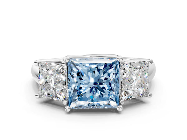Platinum Three-Stone Fancy Blue Princess Cut Diamond Engagement Ring with Prong Setting