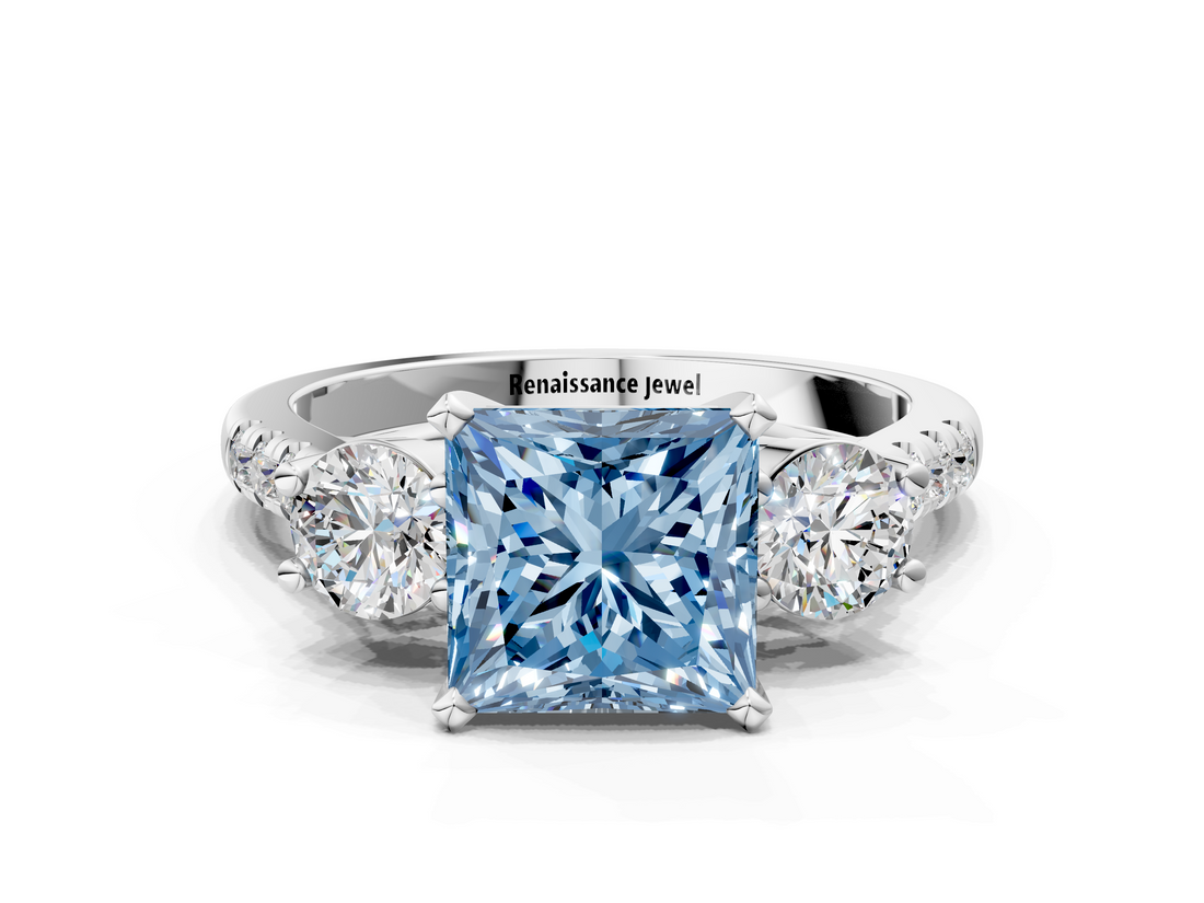 White gold Three-Stone Fancy Blue Princess  Cut Diamond Pavé Band with Four-Prong Setting_28