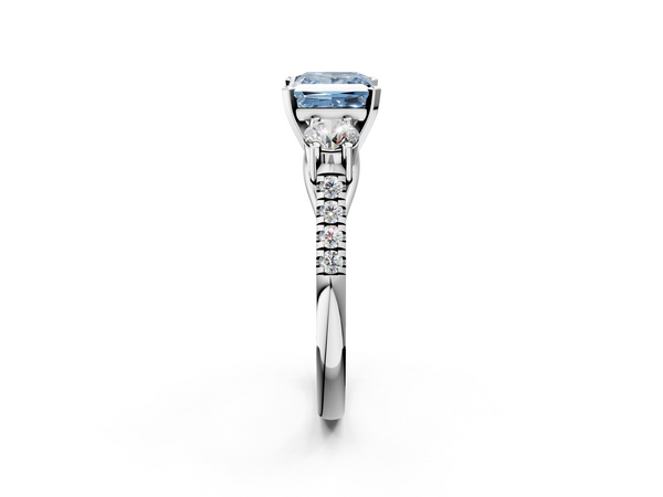 White gold Three-Stone Fancy Blue Princess Cut Diamond Pavé Band with Four-Prong Setting