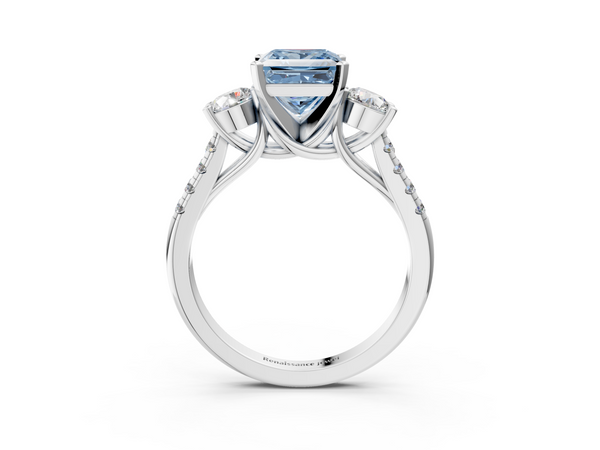 White gold Three-Stone Fancy Blue Princess Cut Diamond Pavé Band with Four-Prong Setting